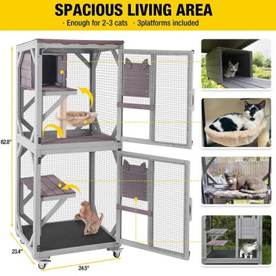 Medium Gray Wooden Outdoor Freestanding Cat House with Wheels
