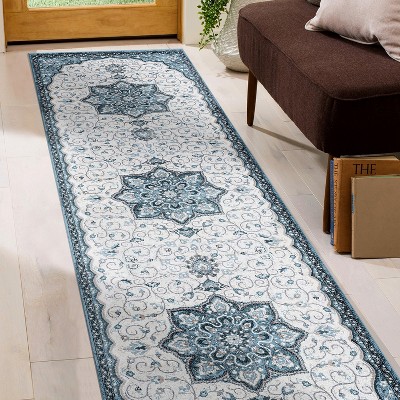 Blue and Ivory Medallion Runner Rug with Jute Backing