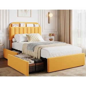Platform Bed Frame,Kids Bed Frame with Storage Headboard, 2 Rolling Drawers, Noise Free Bedframe, No Box Spring Needed,Yellow - 1 of 4