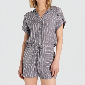 Knit & Lounge Women’s Striped Short Sleeve Romper Button Front Collared Neckline Drawstring Waist Soft Woven Fabric Pockets - 1 of 4