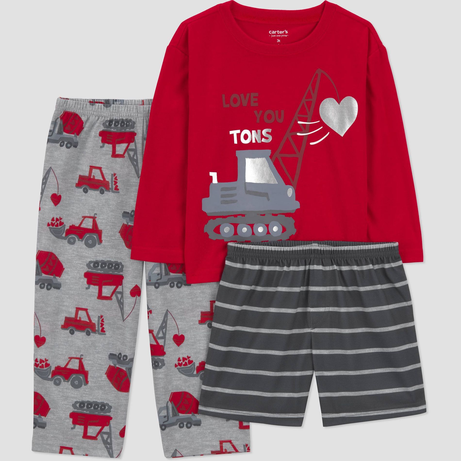 Carter's Just One You® Toddler Boys' Valentine's Day 3pc Love You Tons Construction Pajama Set - Gray/Red