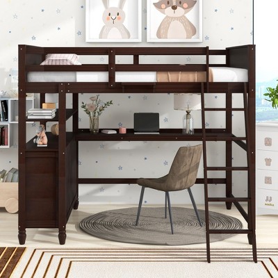 NicBex Full Size Bunk Bed with Desk Loft Bed Pine Frame Bed Frame with Storage Drawers, Shelves, Guardrails and Inclined Ladder