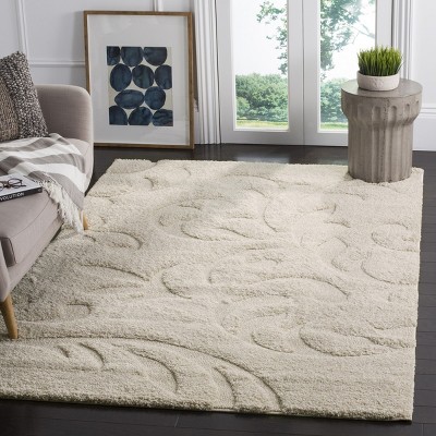 Cream Floral Shag Area Rug with Synthetic Fibers