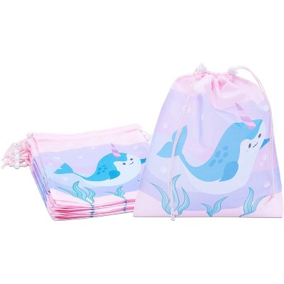 Blue Panda 12-Pack Large Drawstring Bags for Kids Narwhal Birthday Party Favor Gift Bags (Pink, 10 x 12 in)