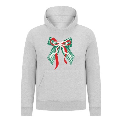 Everyday Kids Christmas Collection Green Gingham Pearl Bow Girls Pullover Hoodie – Holiday Sweatshirt - Heather Gray