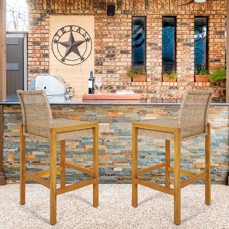 Tangkula Wicker Bar Stools Set of 2 Patio Chairs w/ Solid Wood Frame Ergonomic Footrest Light Brown, 4 of 8