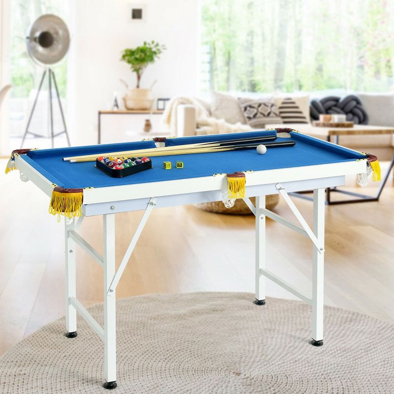 Costway 47'' Folding Billiard Table Pool Game Table for Kids w/ Cues & Chalk & Brush Blue, 4 of 11