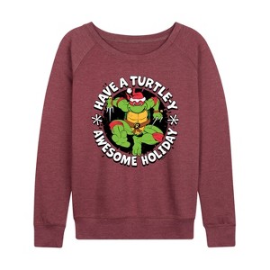 Women's - Teenage Mutant Ninja Turtles - Have A Turtley Awesome Holiday Lightweight French Terry Wide Neck Long Sleeve Shirt - 1 of 4