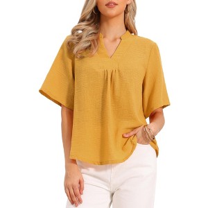 INSPIRE CHIC Women's Half Sleeve V Neck Pleated Design Dressy Casual Solid Blouses - 1 of 4
