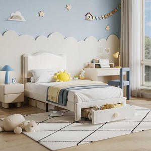 Upholstered Twin Bed Frame with Storage Drawer and Scallop Headboard, Velvet Platform Bed with Wooden Slats, No Box Spring Needed - 1 of 4