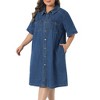 Women's Plus Size Jean Lapel Button Down Roll Short Sleeve Summer Casual Midi Denim Dresses with Pockets - Agnes Orinda - 2 of 4