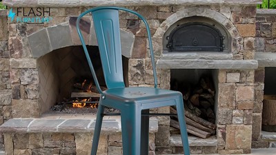 Crystal Teal-Blue Metal Indoor-Outdoor Barstool with Back