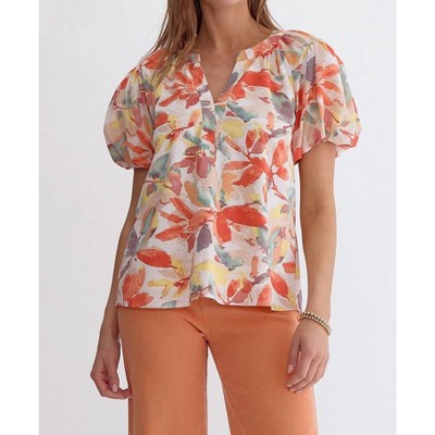Women's Floral Print Bubble Sleeve Blouse - entro