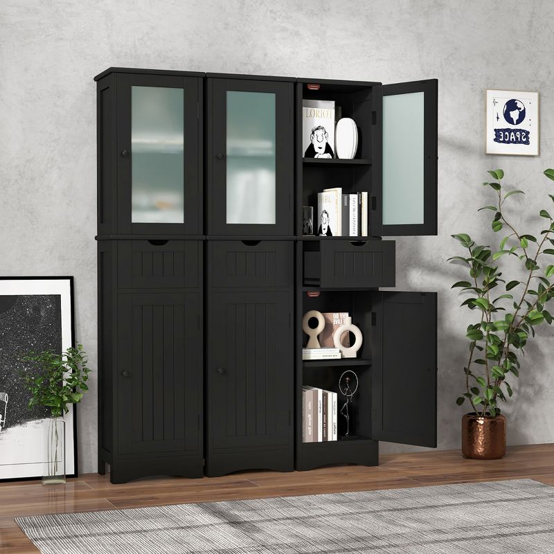 Costway Bathroom Tall Cabinet Freestanding Linen Tower with Doors & Drawer Black/Grey/White, 4 of 11