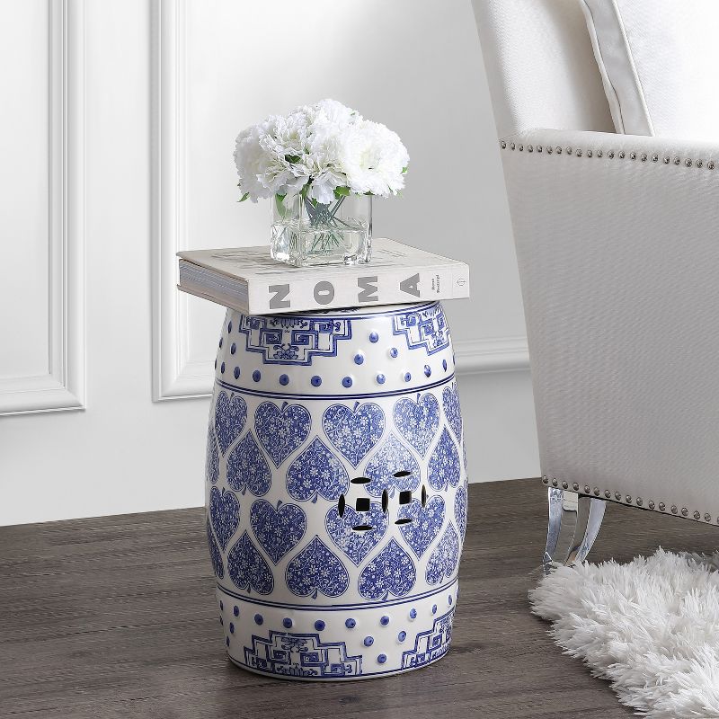 JONATHAN Y Happy Hearts 17.8" Chinoiserie Ceramic Drum Garden Stool, Blue/White, 5 of 7