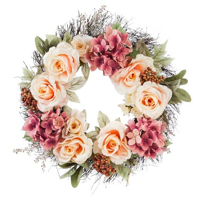 Evergreen Cypress Home Roses, Hydrangeas, and Berries Twig Wreath - 20 x 4 x 20 Inches