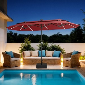 Captiva Designs 13ft Double-Sided Patio Umbrella with Base, Solar Color-Changing LED Lights, 2-Tier Rectangular Outdoor Umbrella Red