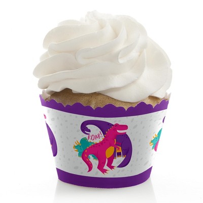 Big Dot of Happiness Roar Dinosaur Girl - Dino Mite T-Rex Baby Shower or Birthday Party Decorations - Party Cupcake Wrappers - Set of 12