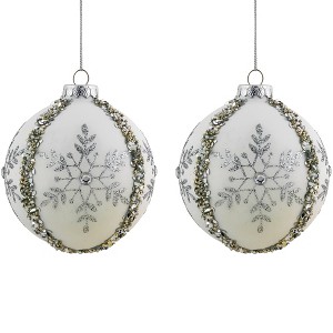 Northlight Set of 2 Matte White Sequin Glitter Snowflake Glass Christmas Ornaments 4" - 1 of 4