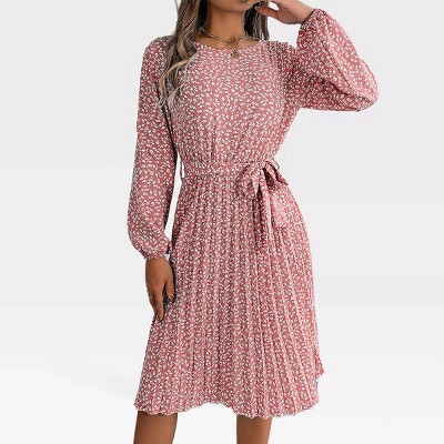 Womens Long Sleeve Dress High Rise Pleated Dress Waist Tie Floral Prairie Dress Round Neck A Line Midi Dress for Spring/Fall