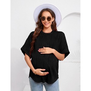 Womens Maternity Shirts Summer Ribbed knit Short Sleeve Casual Pregnancy Clothes Crewneck Loose Maternity Tops - 1 of 4