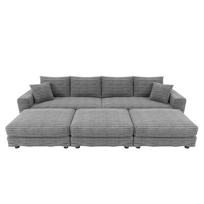 TiramisuBest 102.4" Plush Corduroy 4-Seat Sofa with 3 Ottomans, Deep Seat Cloud Couch, Convertible Lounge Sofa,Grey