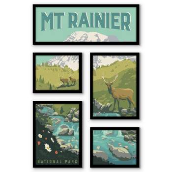 Americanflat Mount Rainier National Park Elk 5 Piece Grid Wall Art Room Decor Set - Vintage landscape Modern Home Decor Wall Prints
