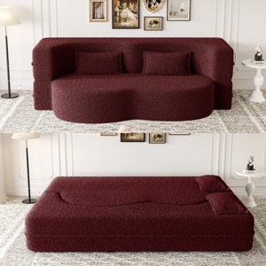 TIRAMISUBEST Floor Loveseat with 2 Pillows, Convertible Teddy Fabric Sleeper Sofa Bed, Full Size Folding Mattress - 1 of 4