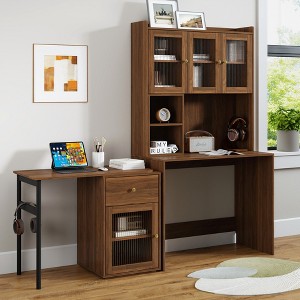 YOOCOZZ Computer Desk with Glass Door,Bookshelf,Hutch and Rotating Desktop - 1 of 4