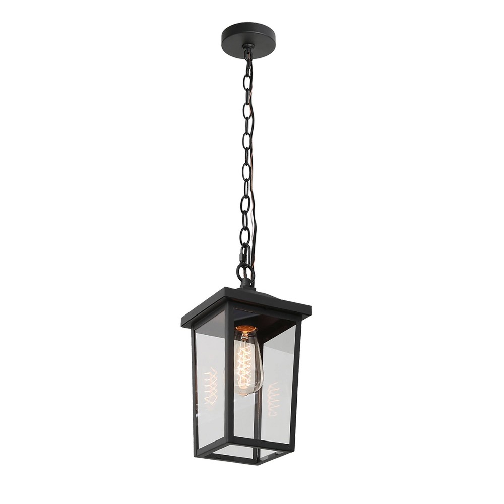 13" Metal/Glass Square Cage Modern Outdoor Pendant Light Black - LNC: ETL Listed, LED Compatible, Weather-Resistant