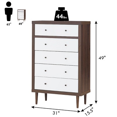 White and Walnut Mid-Century Modern 5-Drawer Dresser