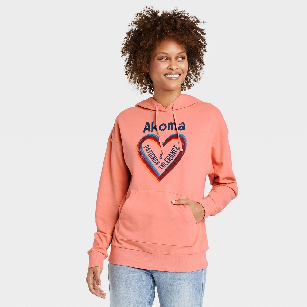 Size Large  Black History Month Women's Akoma Hooded Sweatshirt - Coral Pink Hearts Large 