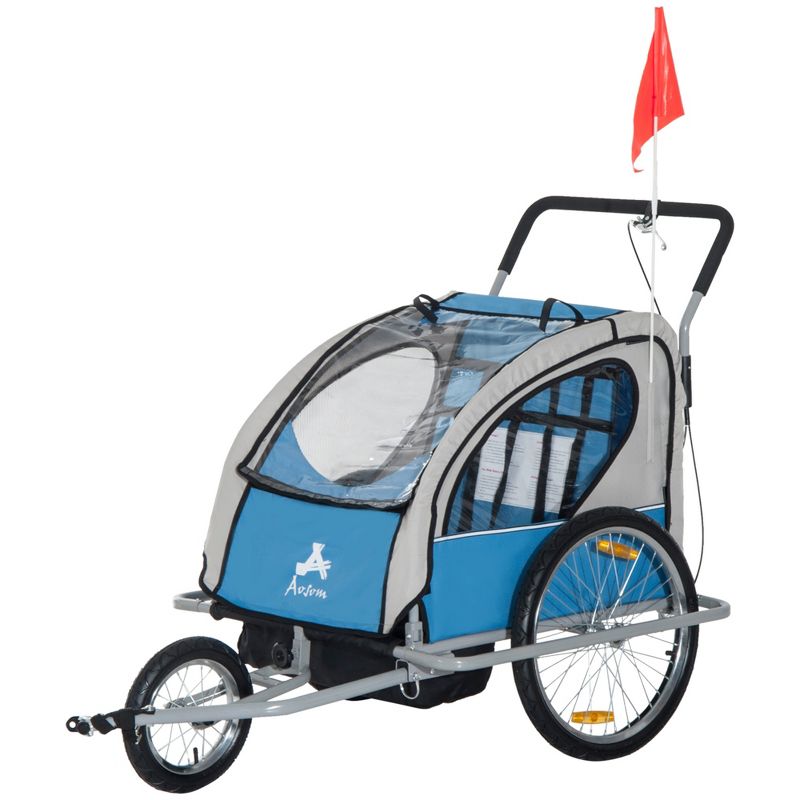 Aosom Elite Three-Wheel Bike Trailer for Kids Bicycle Cart for Two Children with 2 Security Harnesses & Storage, 1 of 7