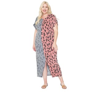 Slickblue Women's Plus Size Soft Stretch Leopard Print Maxi Dress, Dolman Sleeves & Front Slit, Mint/Dusty Pink, 1XL-3XL - 1 of 4