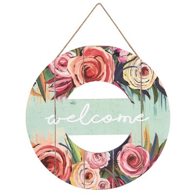 Transpac Wood 18.75" Multicolor Spring Floral Pattern Hanging Welcome Wall Decor