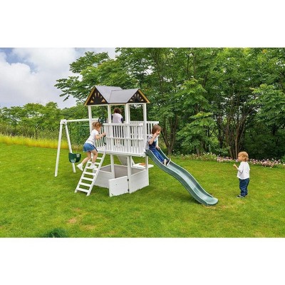 Avenlur Craftsman White Pine Wood Outdoor Swing Set with Slide