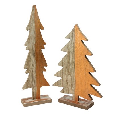 Ganz Set of 2 Gray and Brown Wood Trees with Metallic Paint Christmas Figurine 14"