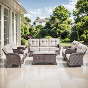Belord Brown Wicker 7 Piece Patio Furniture Set with 5" Thick Cushions, Outdoor Patio Furniture Set with Swivel Gliding Rocker Chairs and Club Chairs - 1 of 4
