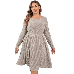 Women's Plus Size V Neck Cable Knit Sweater Dress Long Sleeve Oversized Casual Pullover Midi Dress with Belt - 1 of 1