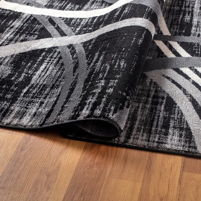Contemporary Black Abstract 65'' Easy-Care Synthetic Area Rug