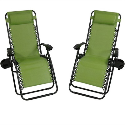 Sunnydaze Folding Fade-Resistant Outdoor XL Zero Gravity Lounge Chair with Pillows and Cup Holders - Green - 2-Pack