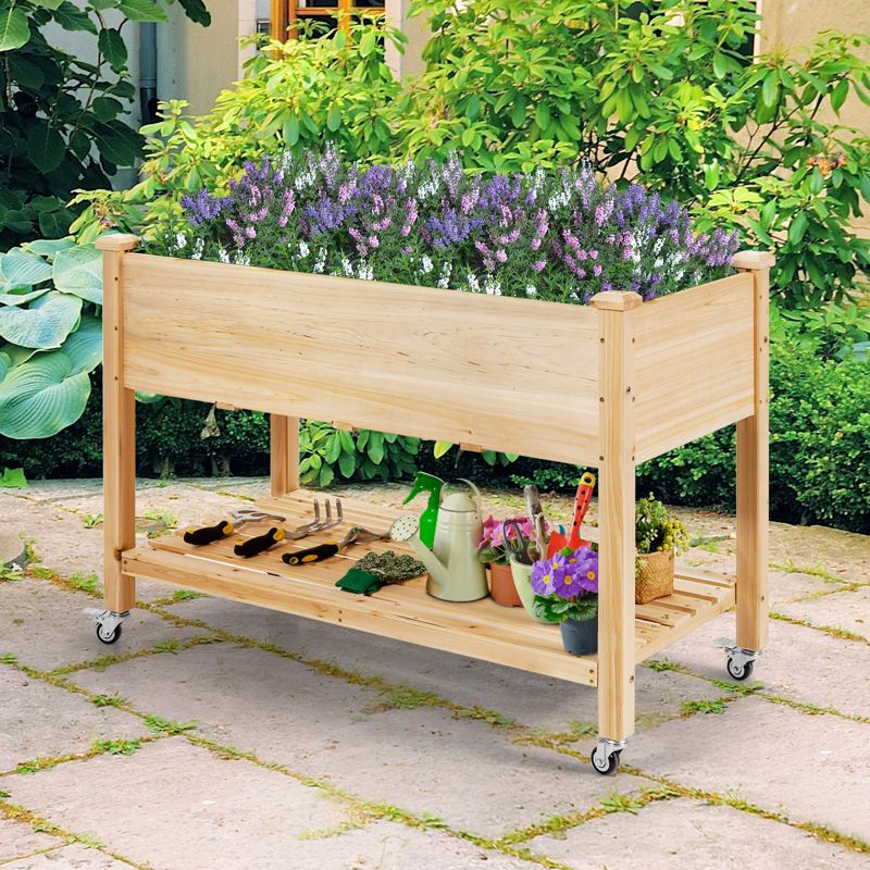 Tangkula Elevated Garden Bed Wood Planters with Storage Shelf Wheels & Liner Suitable for Vegetable Flower Herb, 3 of 8