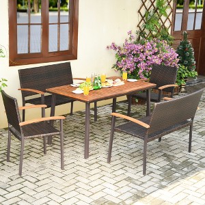 Costway 5PC Patio Rattan Dining Set Acacia Wood Table Top Stackable Chair Bench - 1 of 4