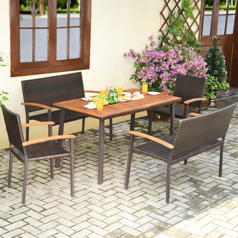 Costway 5PC Patio Rattan Dining Set Acacia Wood Table Top Stackable Chair Bench, 1 of 11