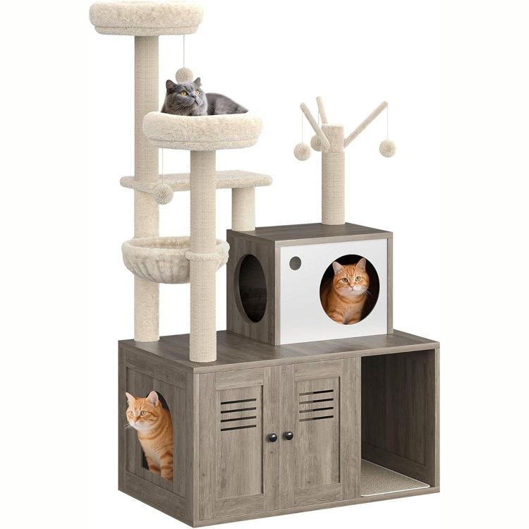 Cat Litter Box Enclosure with Wooden Cat Washroom Furniture, Barn Door, Pet House, Fits Most Litter Boxes, 1 of 8