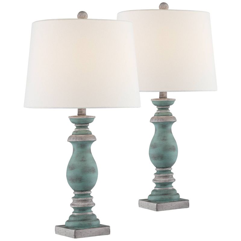 Regency Hill Patsy Country Cottage Table Lamps 26 1/2" High Set of 2 Blue Gray Washed Fabric Drum Shade for Bedroom Living Room Bedside Nightstand, 1 of 10