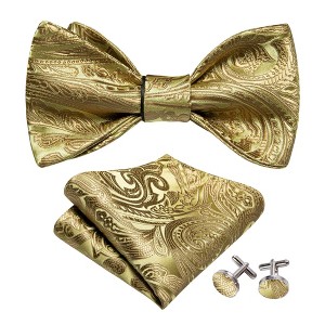 Men's Gold Paisley 100% Silk Self Tie Bow Tie Pocket Square Cufflinks Set - 1 of 4