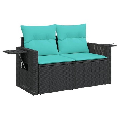 vidaXL Patio Sofa with Cushions - 2-Seater Outdoor Loveseat - Black PE Rattan - Foldable Side Table - Storage with Water-Resistant Bag