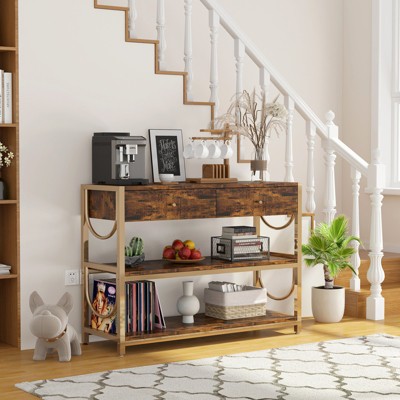 3 Tier Console Table with Drawers, Rustic Narrow Long Sofa Table with Storage Shelves, Behind Couch Accent Table for Entryway, Hallway, Living Room