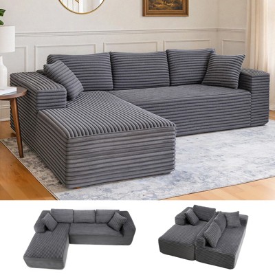 COMHOMA Boneless Couch, Compressed Sofa, Corduroy L-Shaped Sofa, No Assembly, Dark Gray